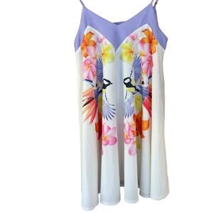 Indikah Multicolor Floral Bird Print V-Neck Cut Out Swing Dress Size Small